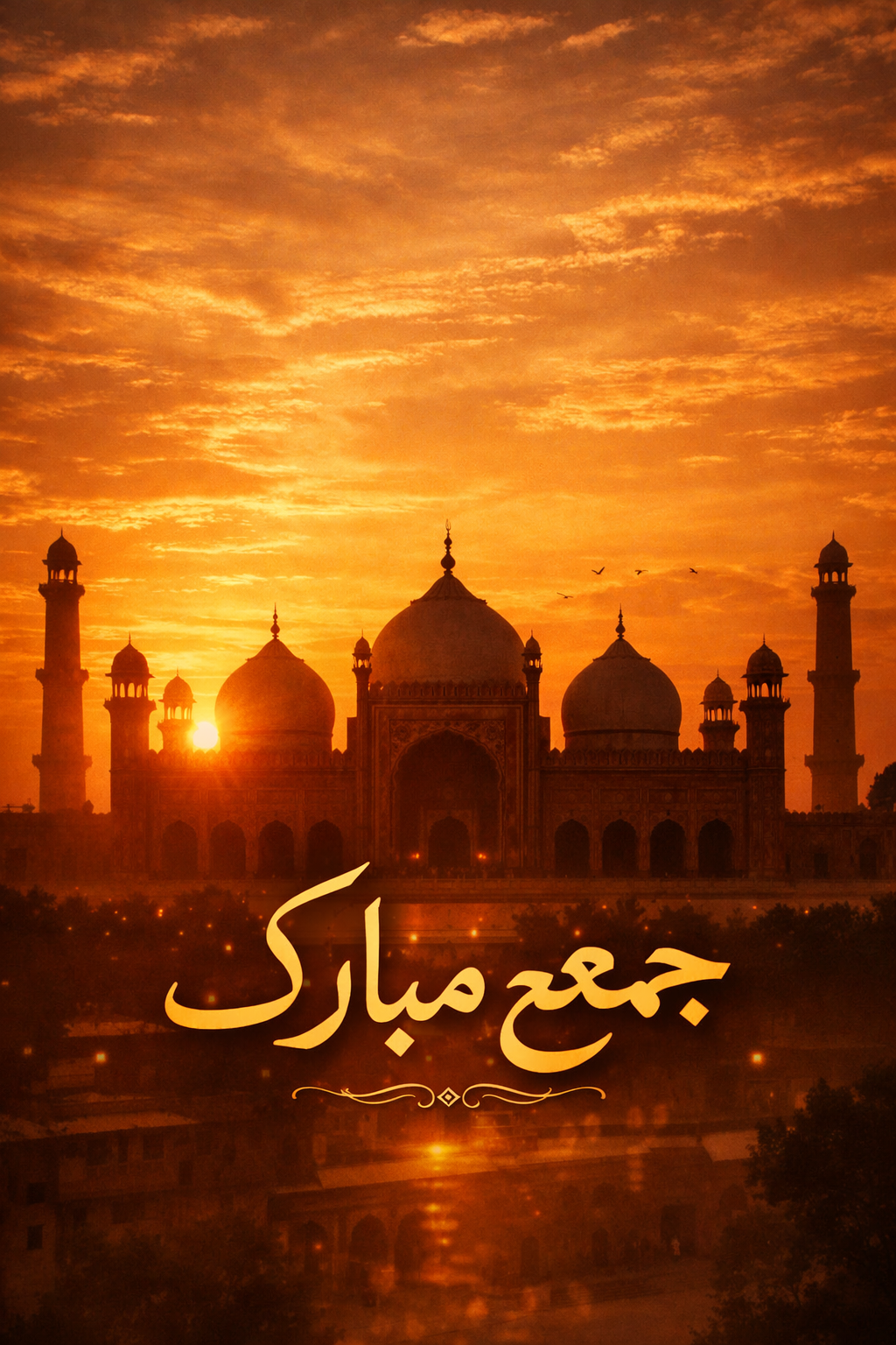 Badshahi Mosque Lahore silhouette at sunset with Jummah Mubarak Urdu greeting